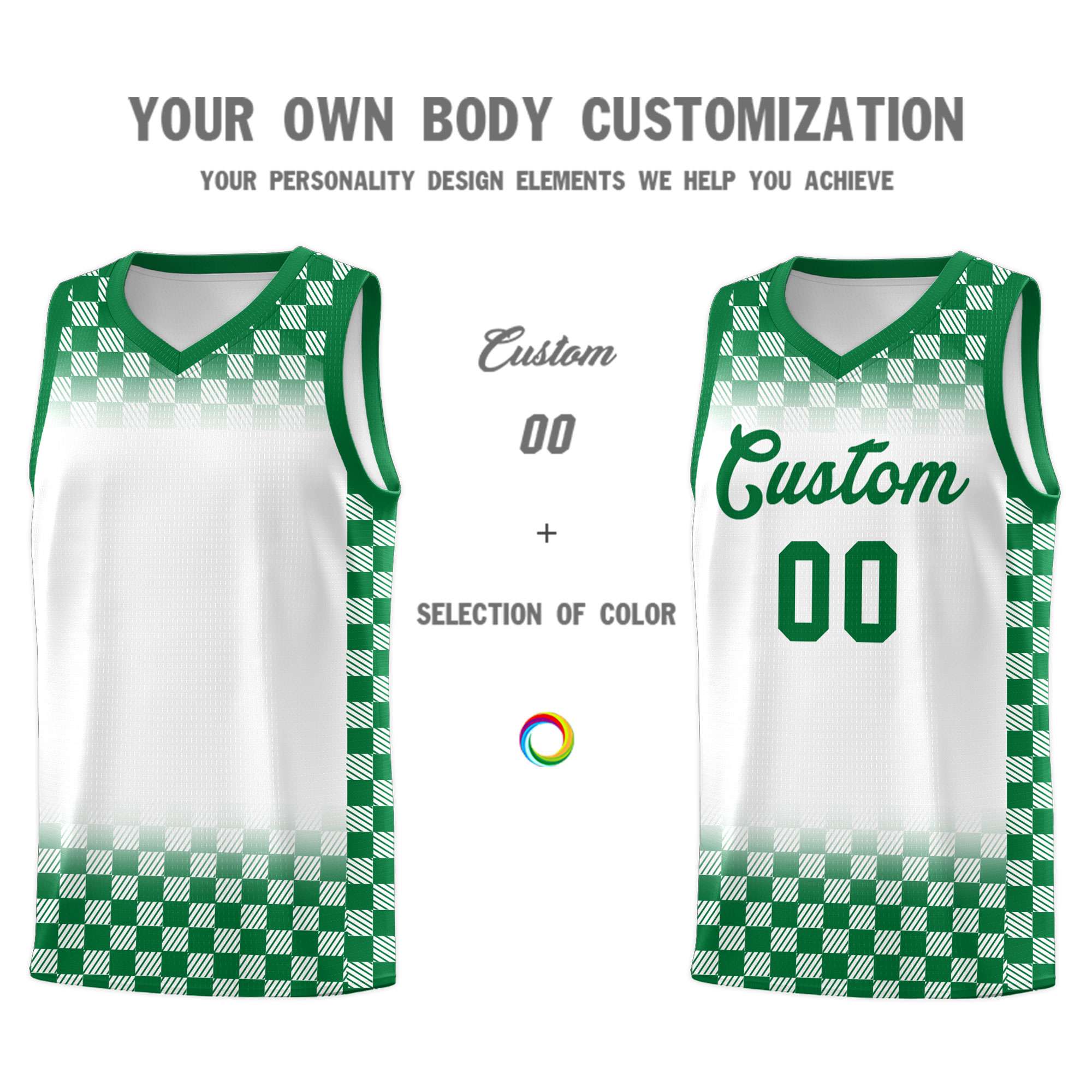 Custom White Kelly Green Classic Plaid Pattern Sports Uniform Basketball Jersey