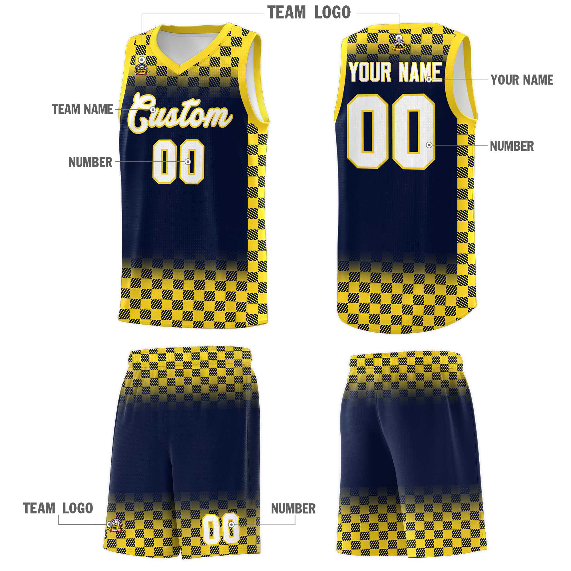 Custom Navy Gold Classic Plaid Pattern Sports Uniform Basketball Jersey