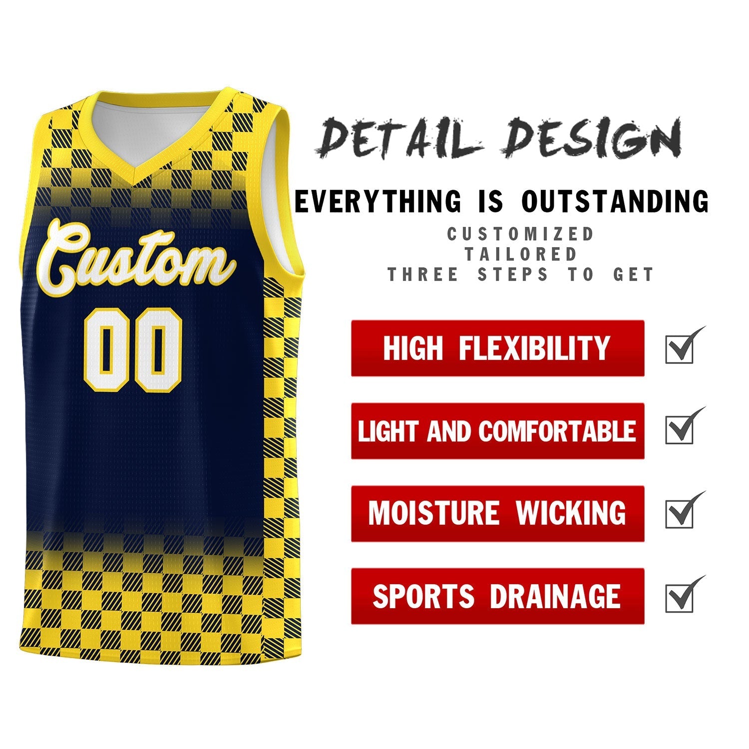 Custom Navy Gold Classic Plaid Pattern Sports Uniform Basketball Jersey