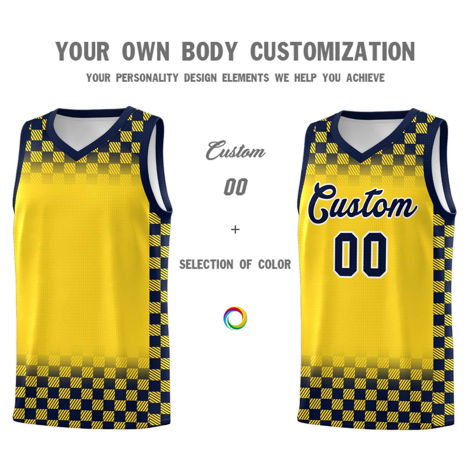 Custom Gold Navy Classic Plaid Pattern Sports Uniform Basketball Jersey
