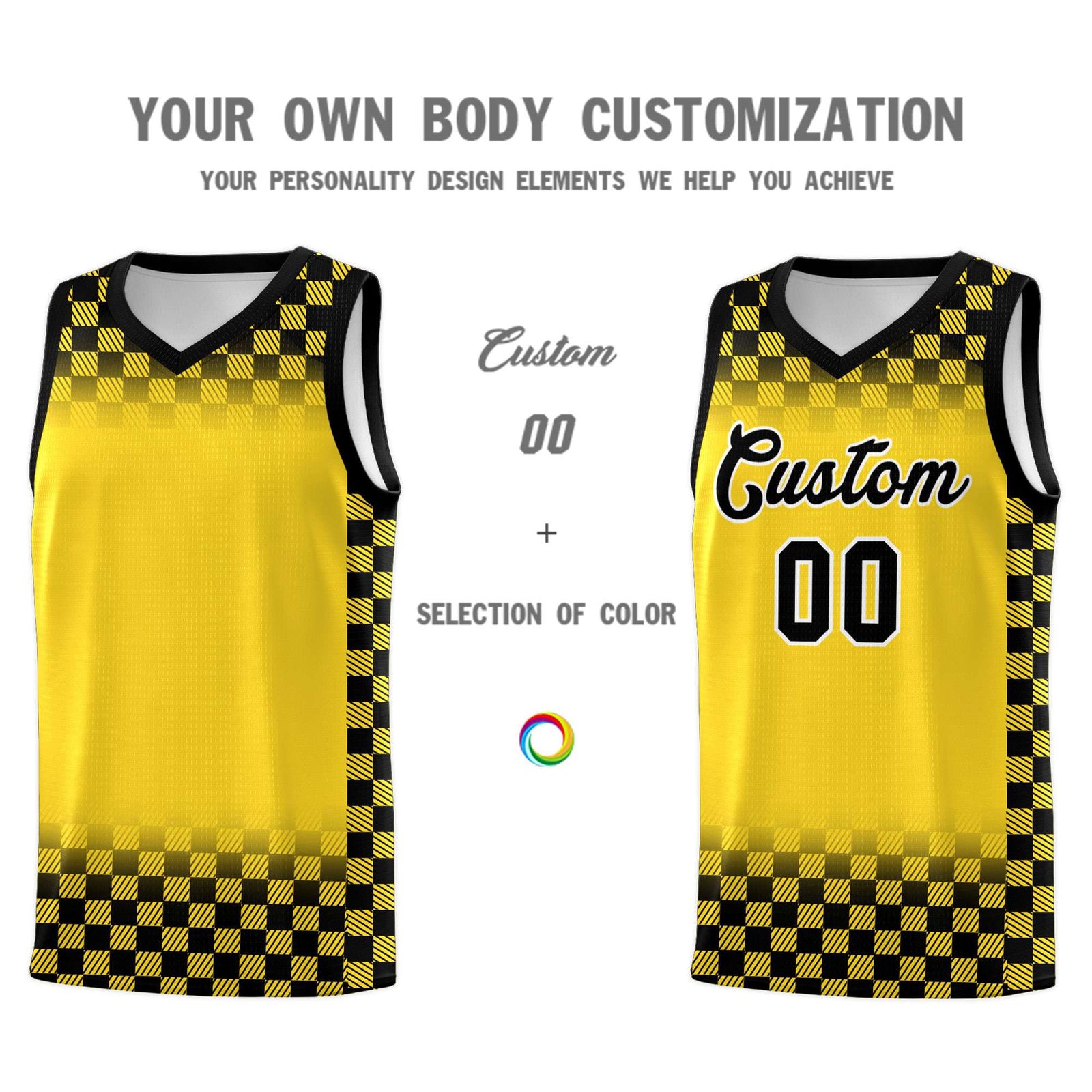 Custom Gold Black Classic Plaid Pattern Sports Uniform Basketball Jersey