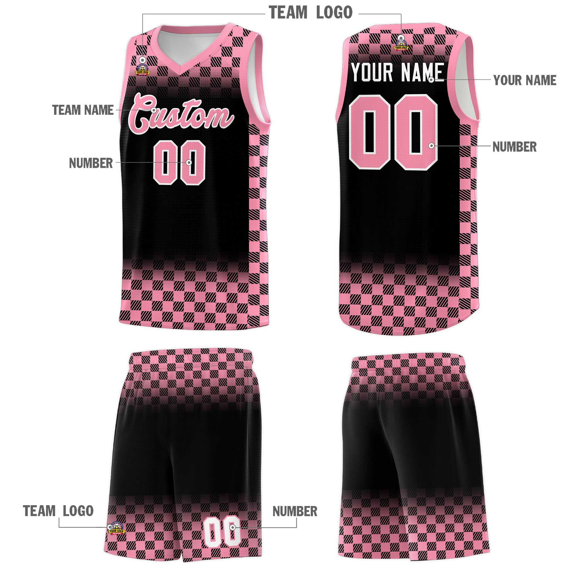 Custom Black Light Pink Classic Plaid Pattern Sports Uniform Basketball Jersey