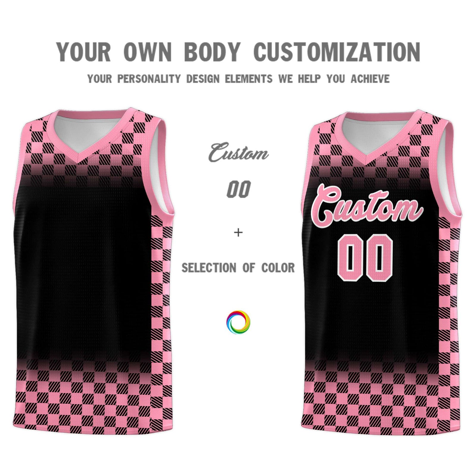 Custom Black Light Pink Classic Plaid Pattern Sports Uniform Basketball Jersey