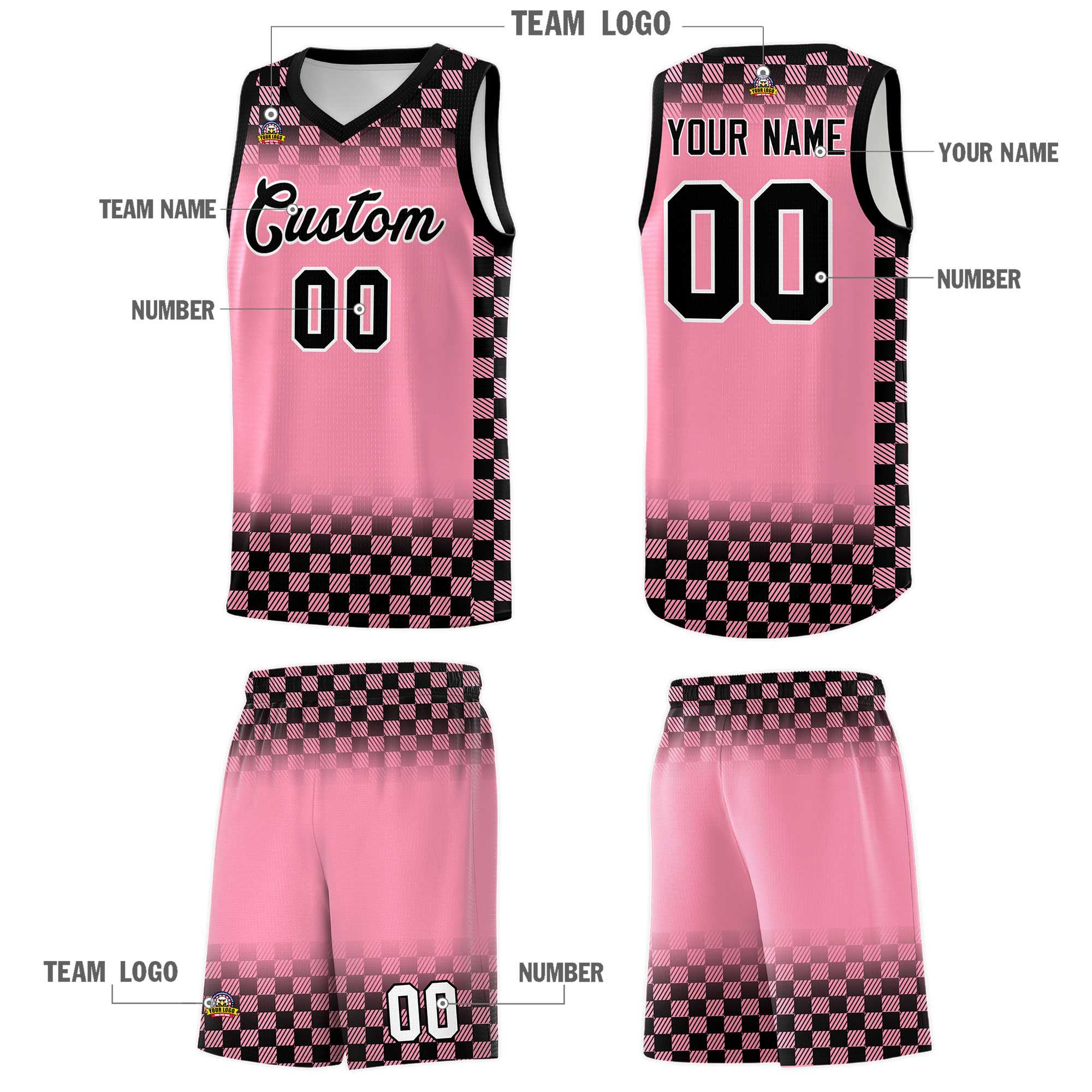 Custom Light Pink Black Classic Plaid Pattern Sports Uniform Basketball Jersey