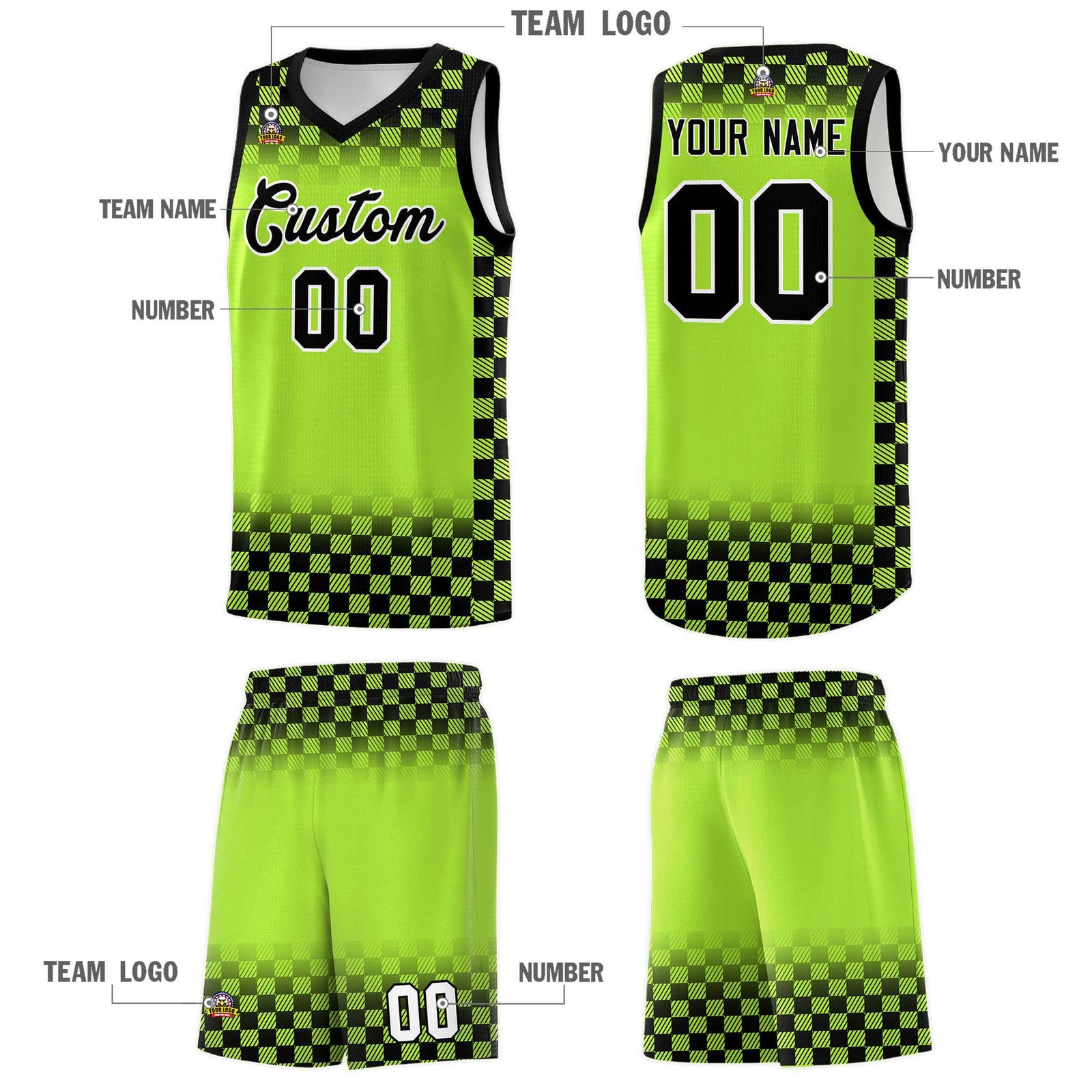 Custom Neon Green Black Classic Plaid Pattern Sports Uniform Basketball Jersey