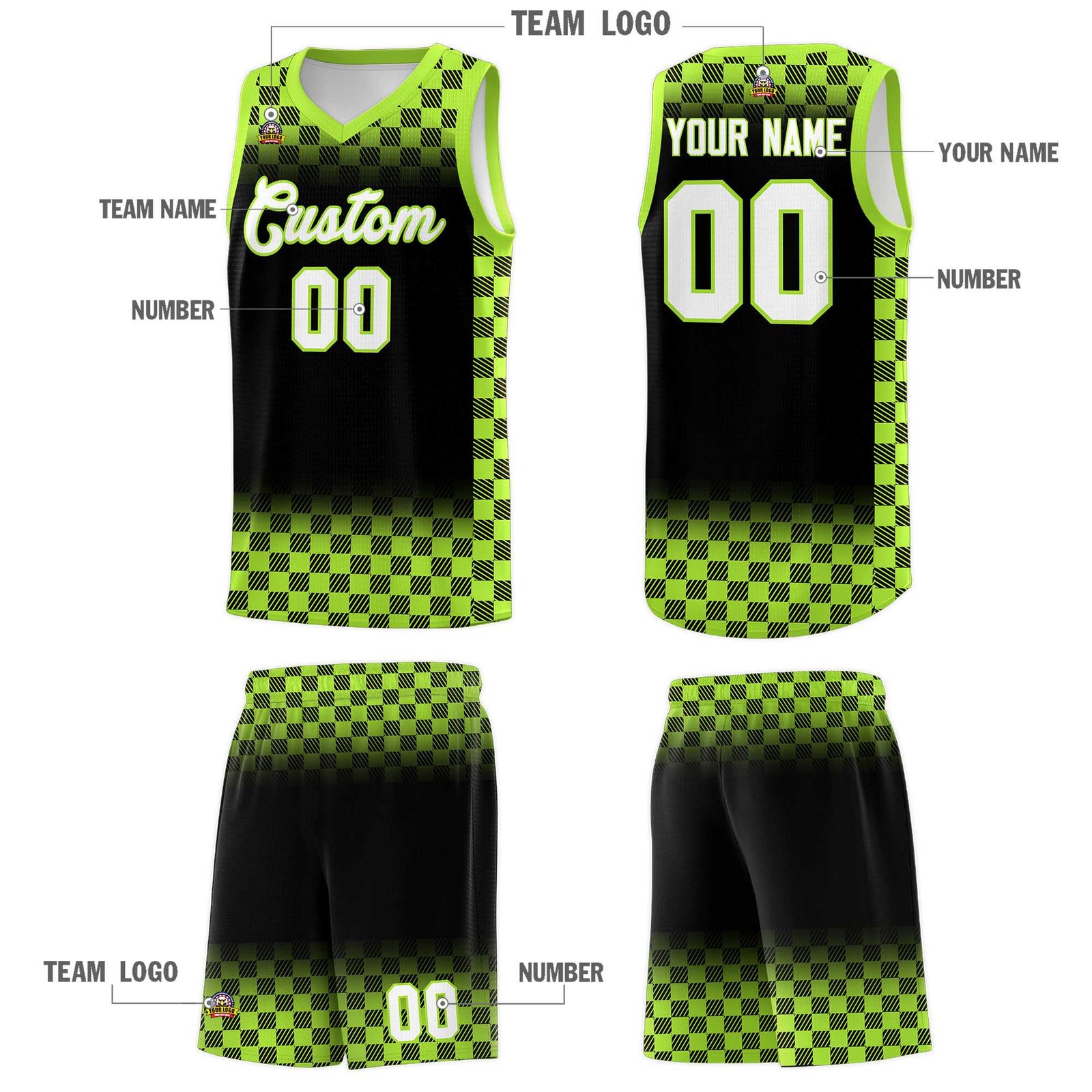 Custom Black Neon Green Classic Plaid Pattern Sports Uniform Basketball Jersey