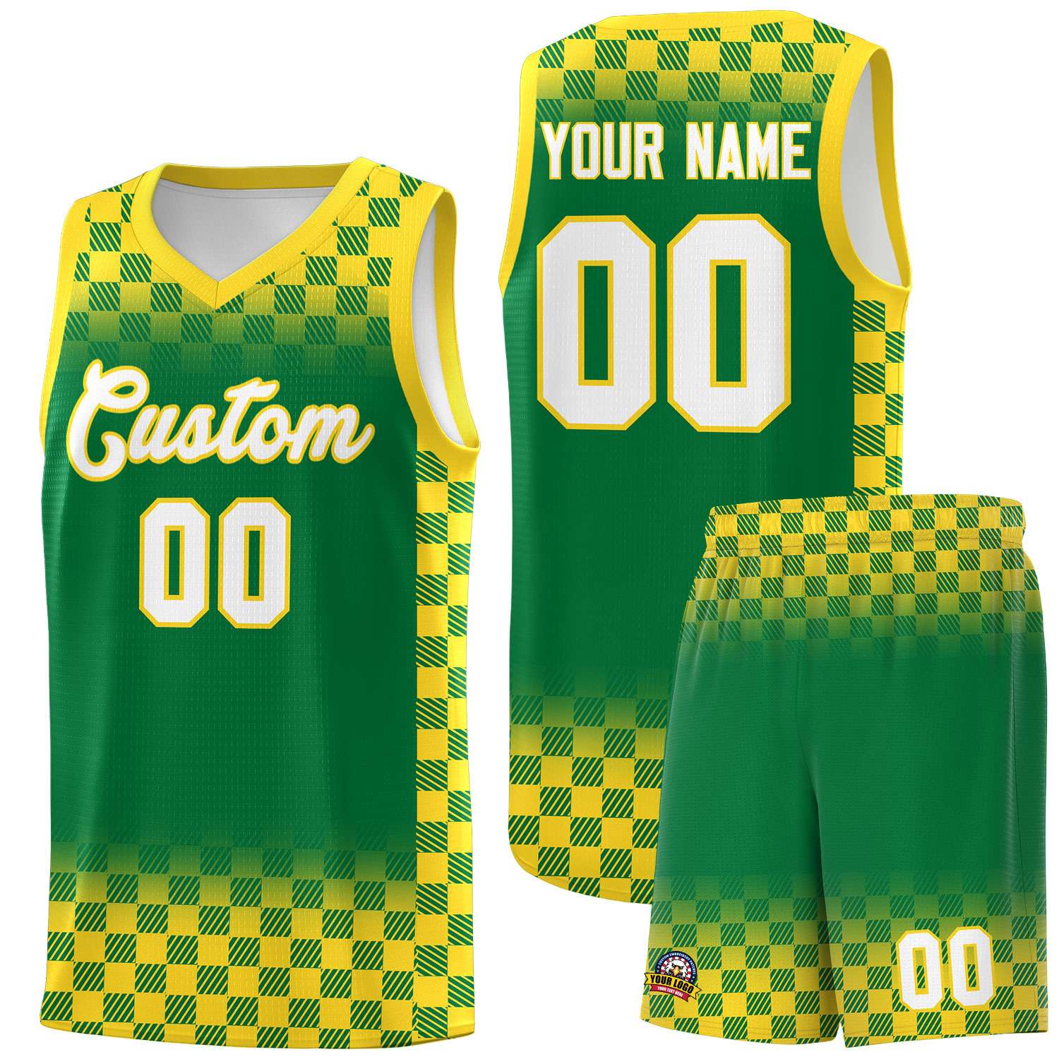 Custom Kelly Green Gold Classic Plaid Pattern Sports Uniform Basketball Jersey