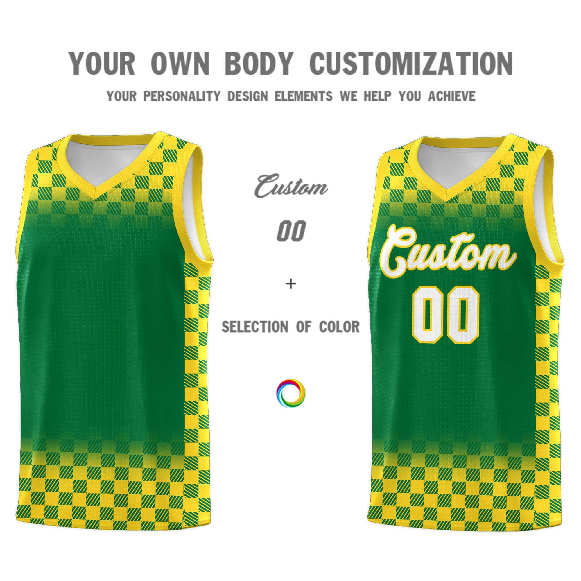 Custom Kelly Green Gold Classic Plaid Pattern Sports Uniform Basketball Jersey