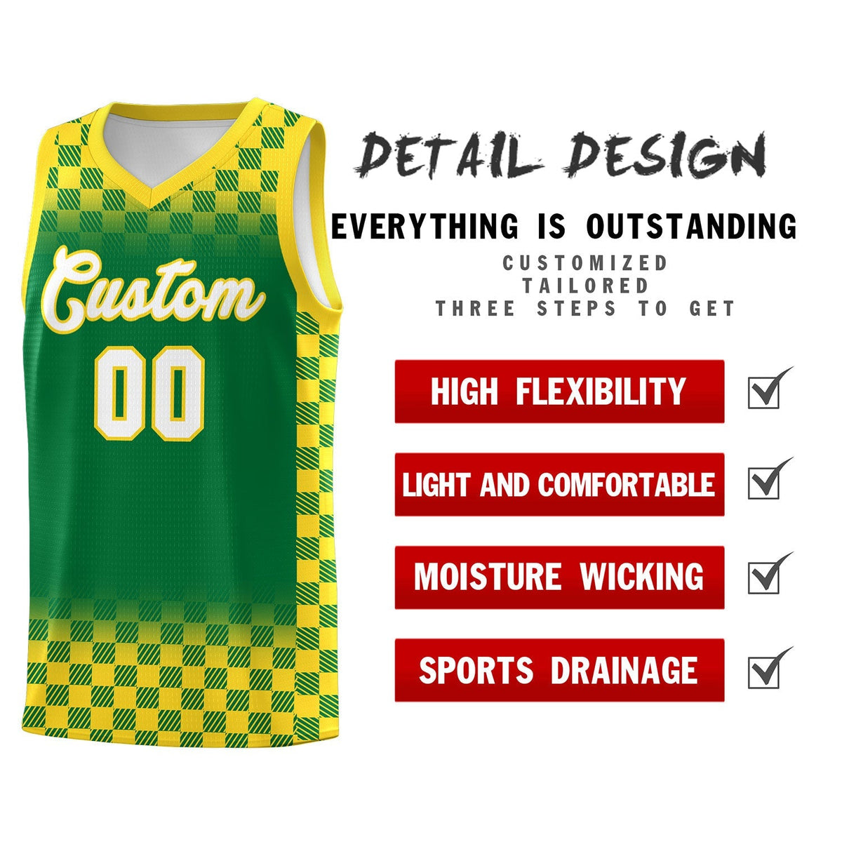Custom Kelly Green Gold Classic Plaid Pattern Sports Uniform Basketball Jersey