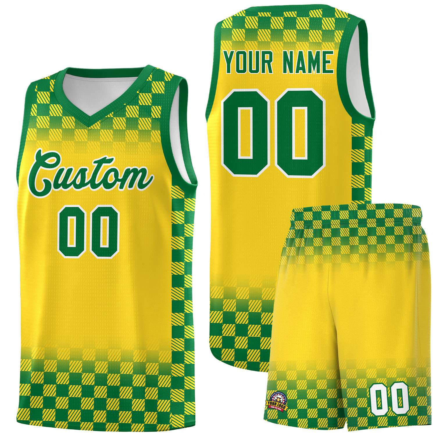 Custom Gold Kelly Green Classic Plaid Pattern Sports Uniform Basketball Jersey