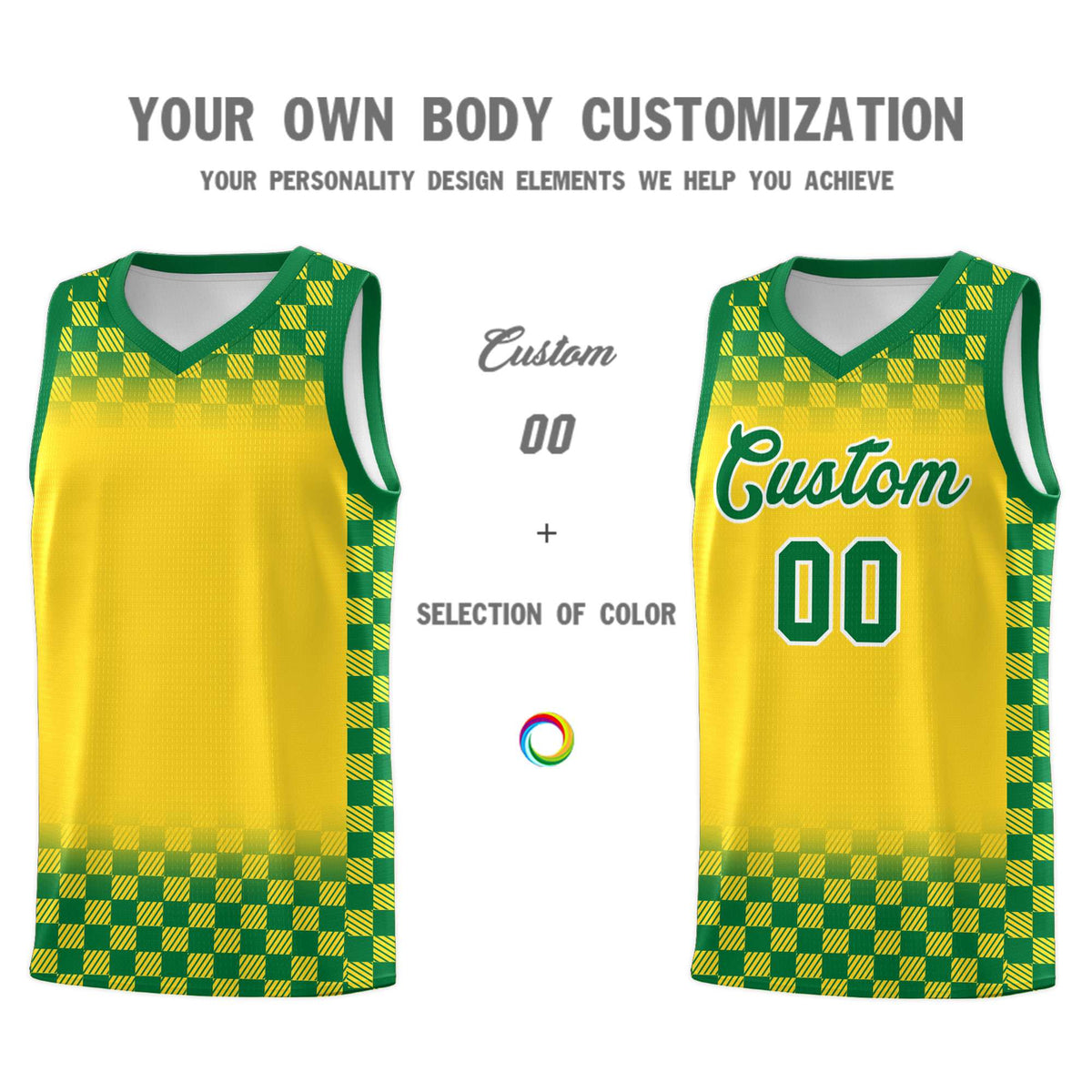 Custom Gold Kelly Green Classic Plaid Pattern Sports Uniform Basketball Jersey