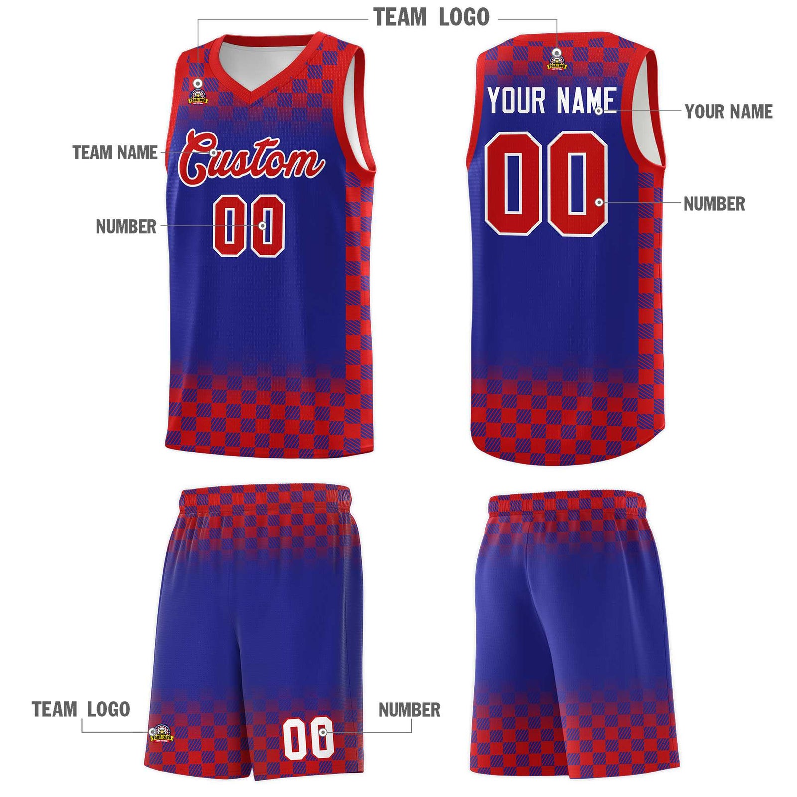 Custom Royal Red Classic Plaid Pattern Sports Uniform Basketball Jersey