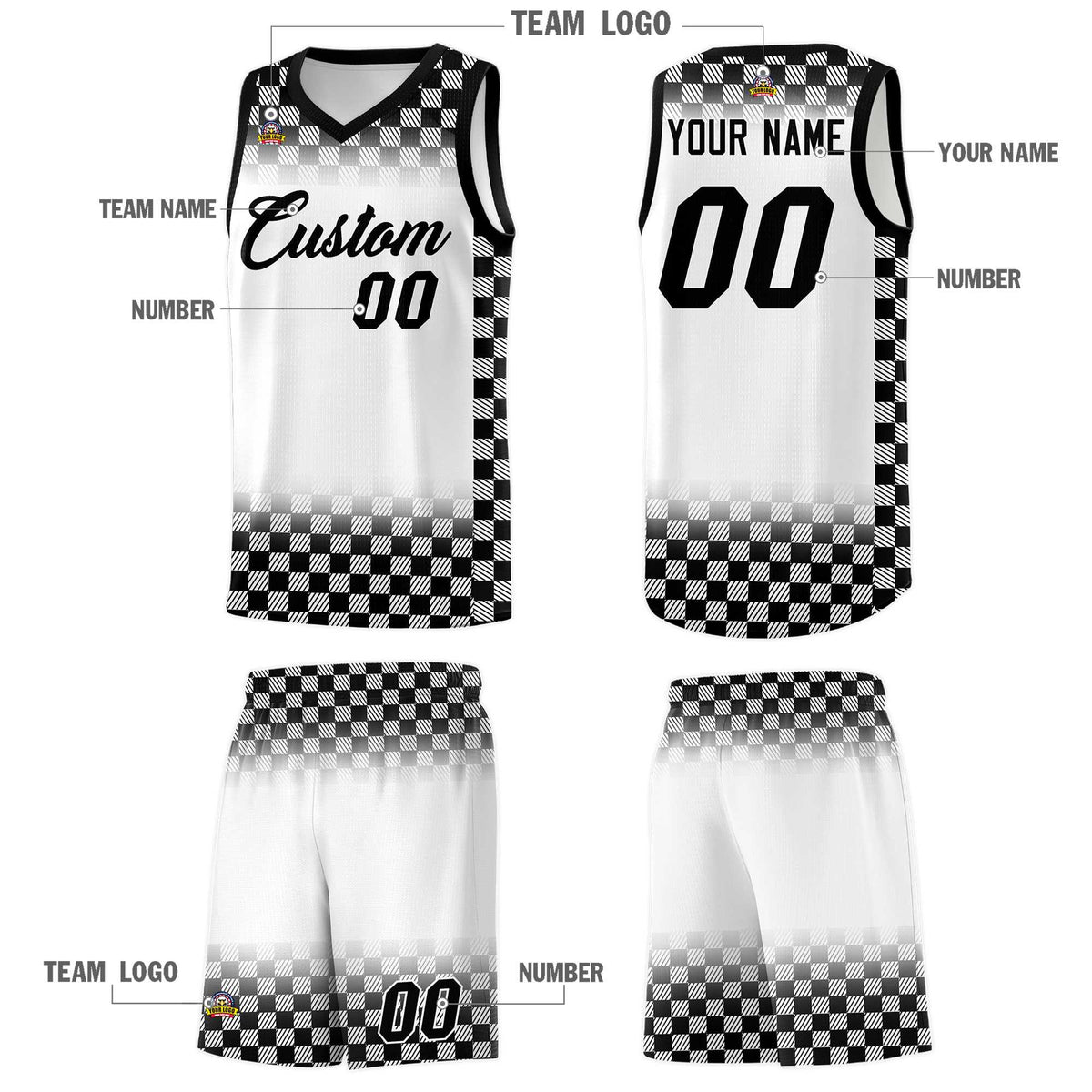 Custom White Black Classic Plaid Pattern Sports Uniform Basketball Jersey