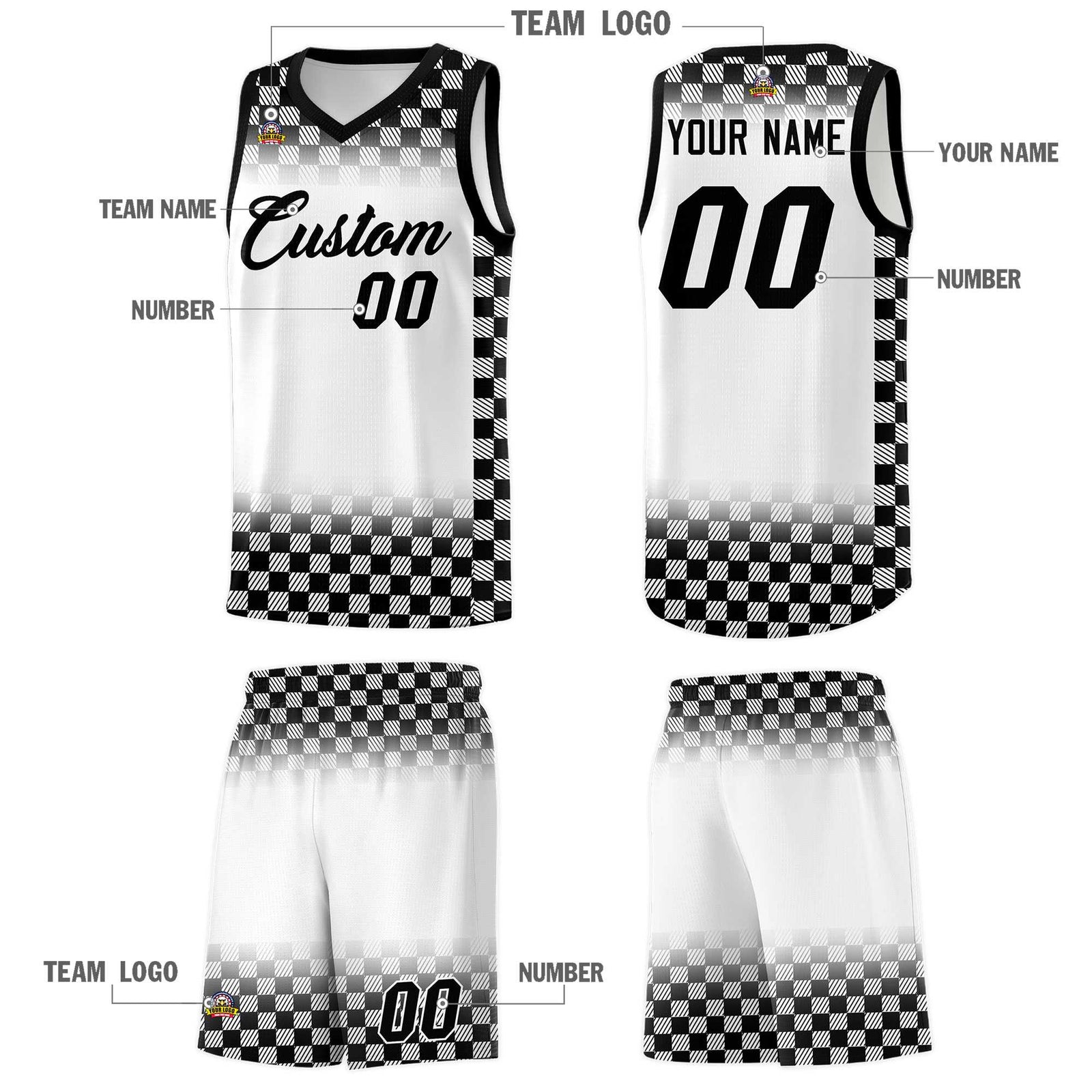 Custom White Black Classic Plaid Pattern Sports Uniform Basketball Jersey