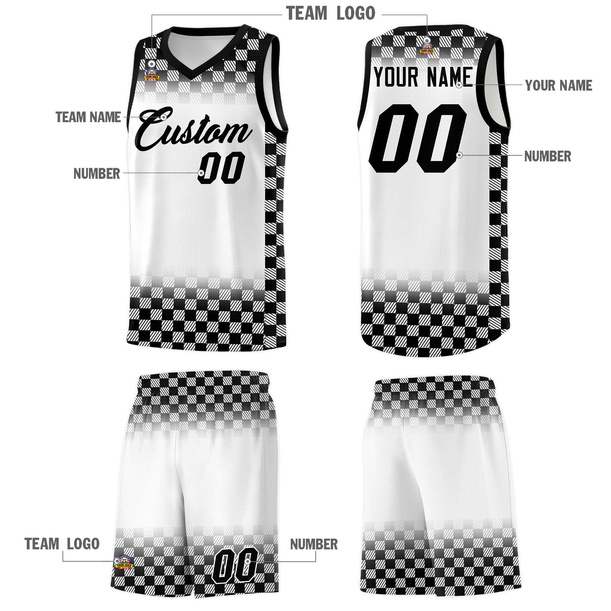 Custom White Black Classic Plaid Pattern Sports Uniform Basketball Jersey