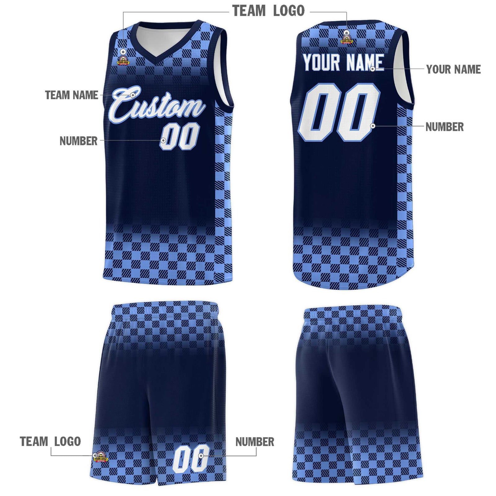 Custom Navy Light Blue Classic Plaid Pattern Sports Uniform Basketball Jersey