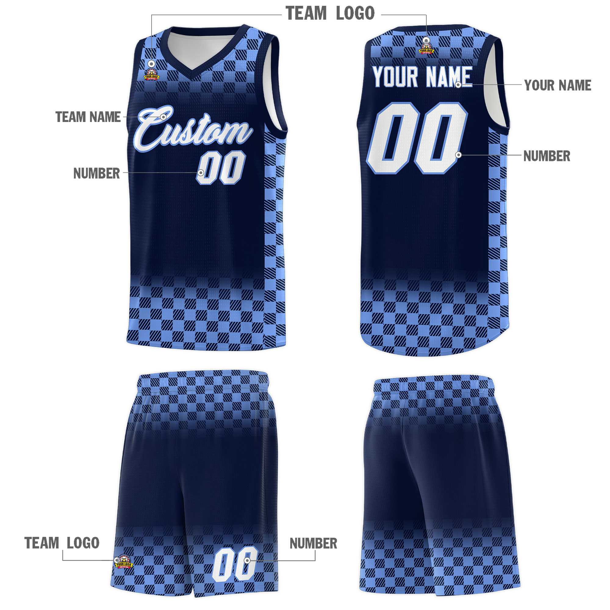 Custom Navy Light Blue Classic Plaid Pattern Sports Uniform Basketball Jersey