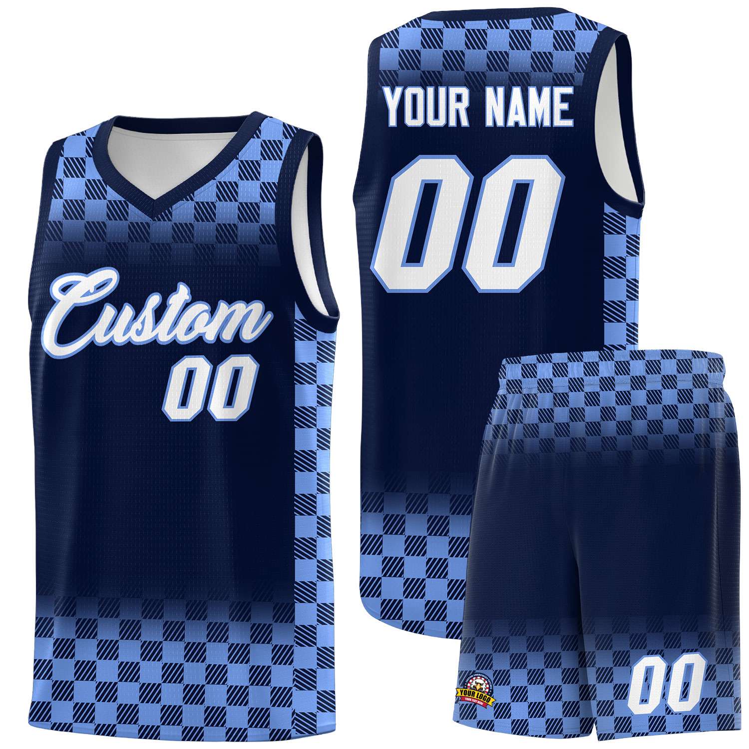 Custom Navy Light Blue Classic Plaid Pattern Sports Uniform Basketball Jersey