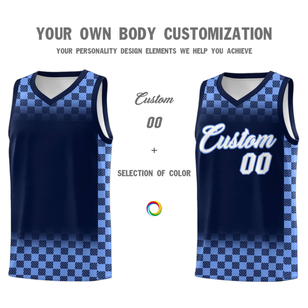 Custom Navy Light Blue Classic Plaid Pattern Sports Uniform Basketball Jersey