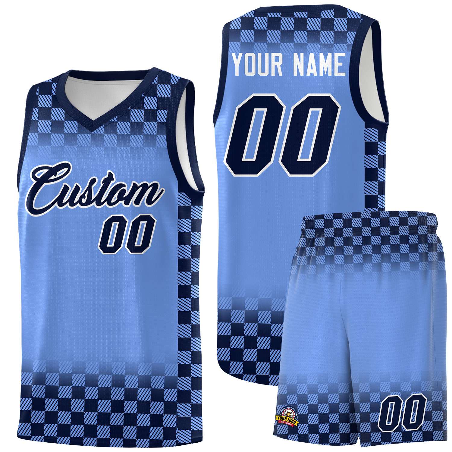 Custom Light Blue Navy Classic Plaid Pattern Sports Uniform Basketball Jersey