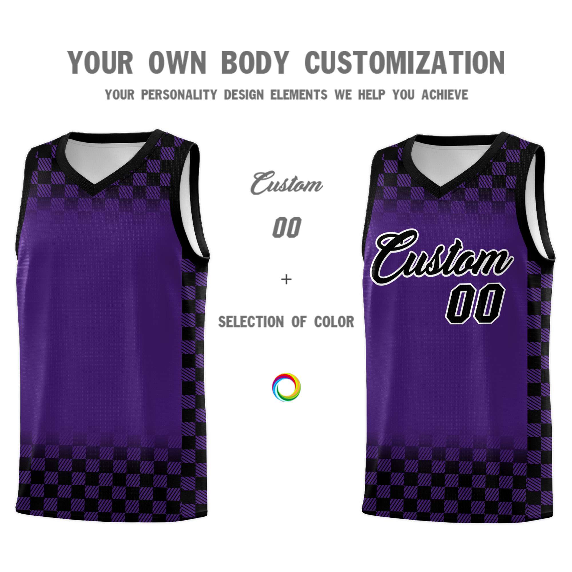 Custom Purple Black Classic Plaid Pattern Sports Uniform Basketball Jersey