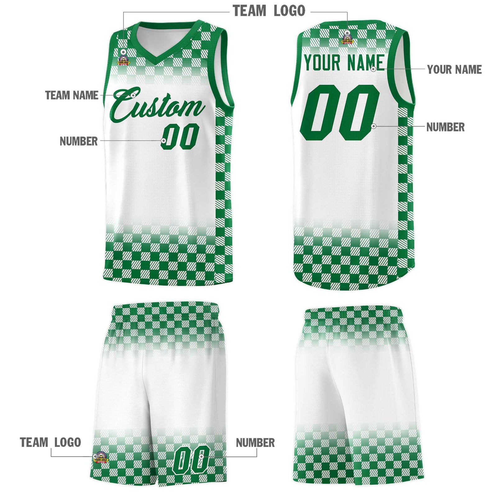 Custom White Kelly Green Classic Plaid Pattern Sports Uniform Basketball Jersey