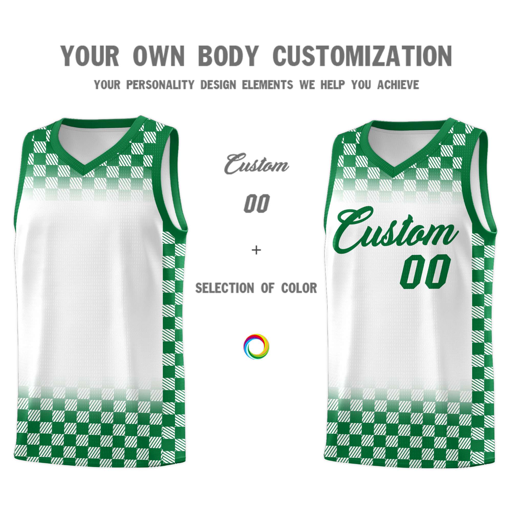 Custom White Kelly Green Classic Plaid Pattern Sports Uniform Basketball Jersey