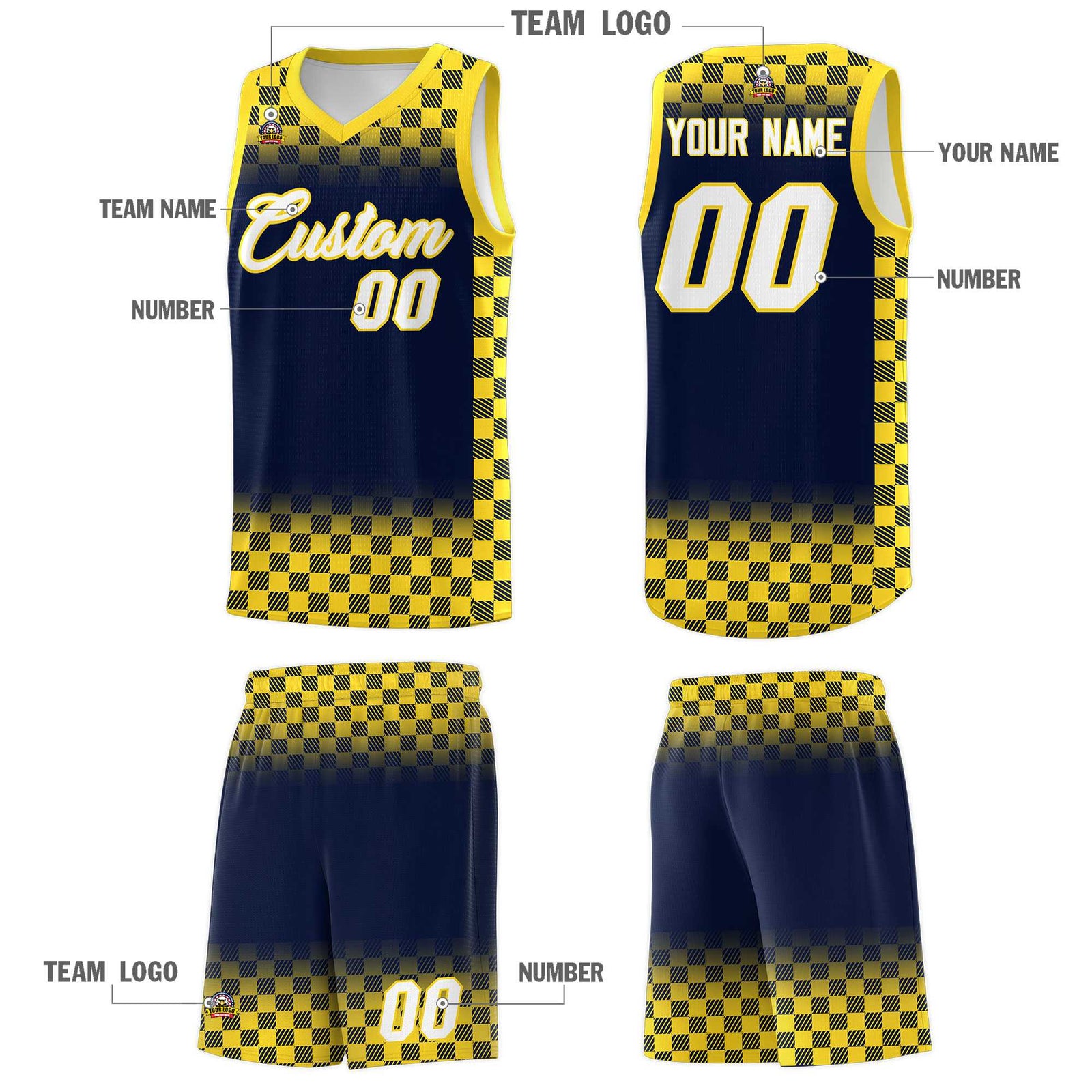 Custom Navy Gold Classic Plaid Pattern Sports Uniform Basketball Jersey