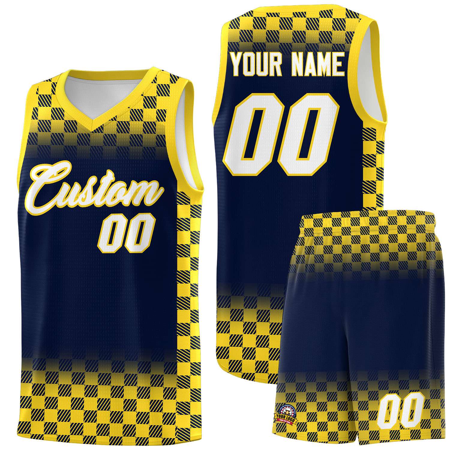 Custom Navy Gold Classic Plaid Pattern Sports Uniform Basketball Jersey