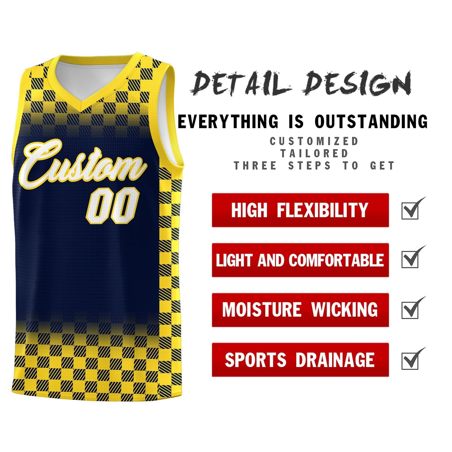 Custom Navy Gold Classic Plaid Pattern Sports Uniform Basketball Jersey