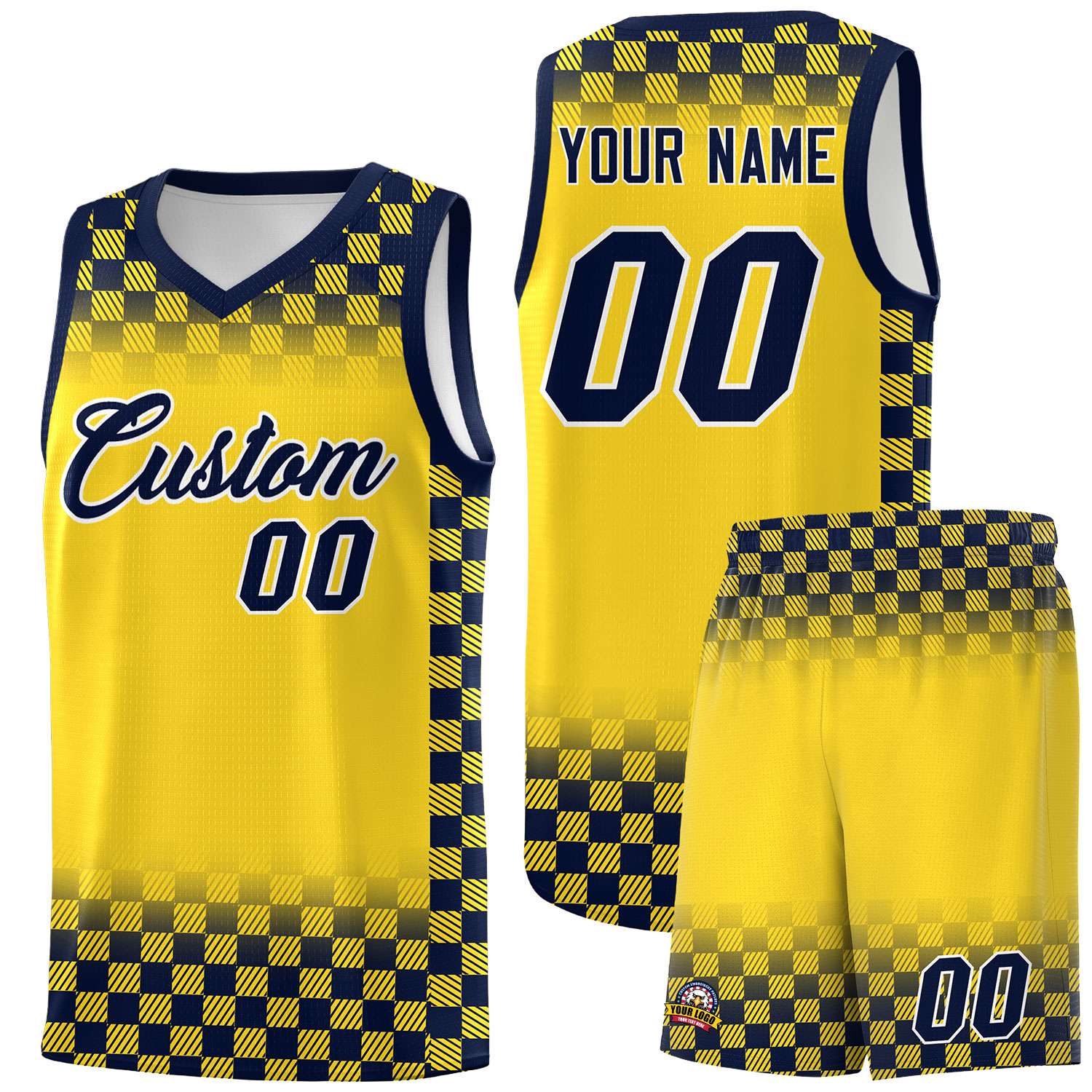Custom Gold Navy Classic Plaid Pattern Sports Uniform Basketball Jersey
