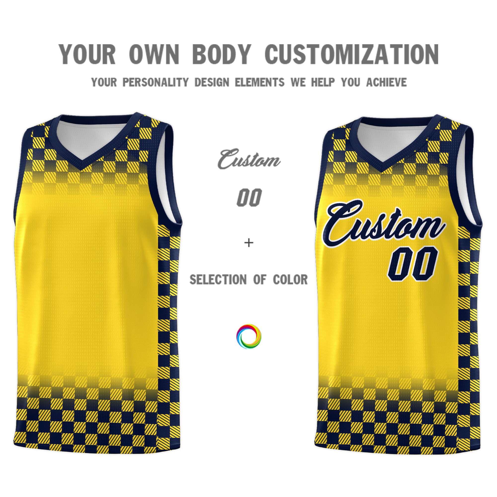 Custom Gold Navy Classic Plaid Pattern Sports Uniform Basketball Jersey