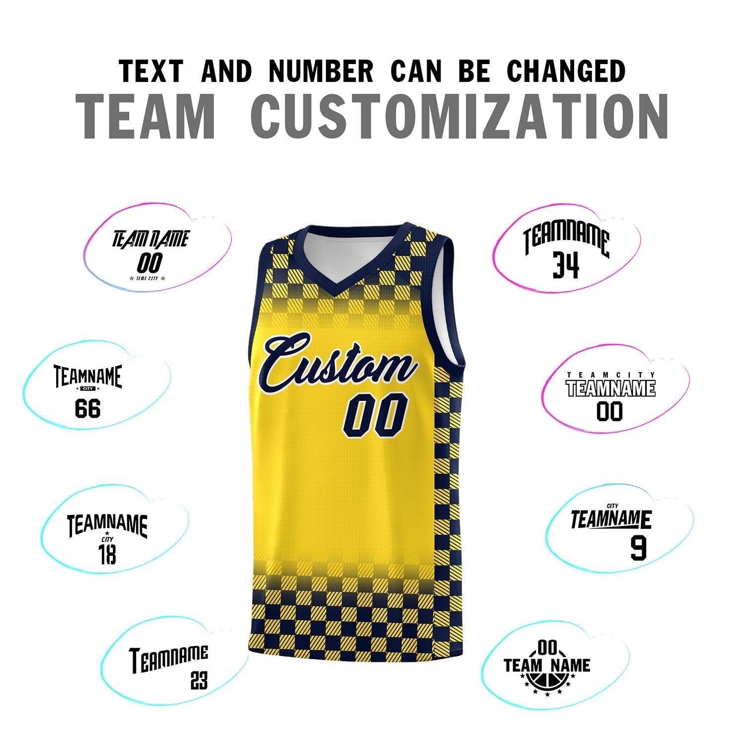 Custom Gold Navy Classic Plaid Pattern Sports Uniform Basketball Jersey