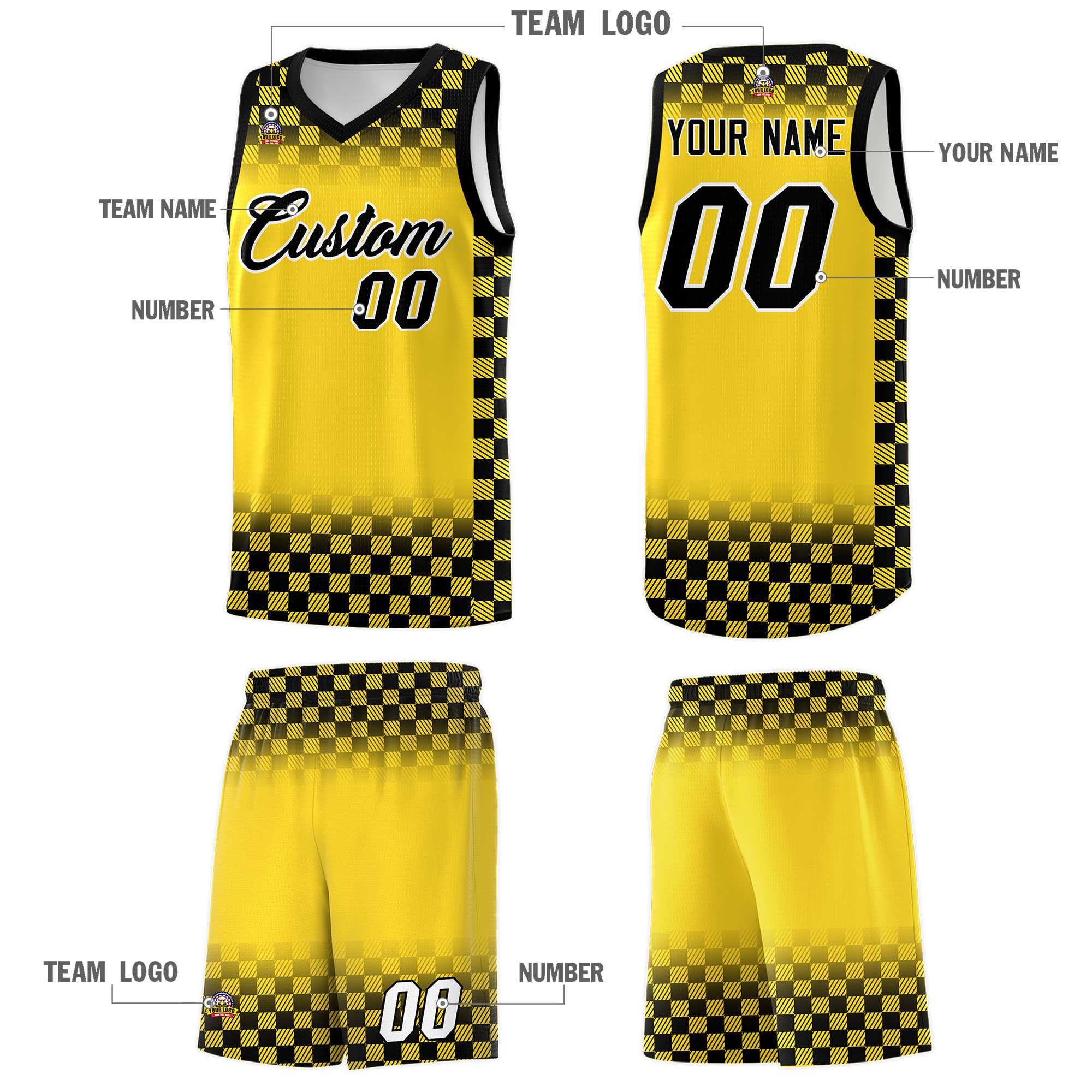 Custom Gold Black Classic Plaid Pattern Sports Uniform Basketball Jersey
