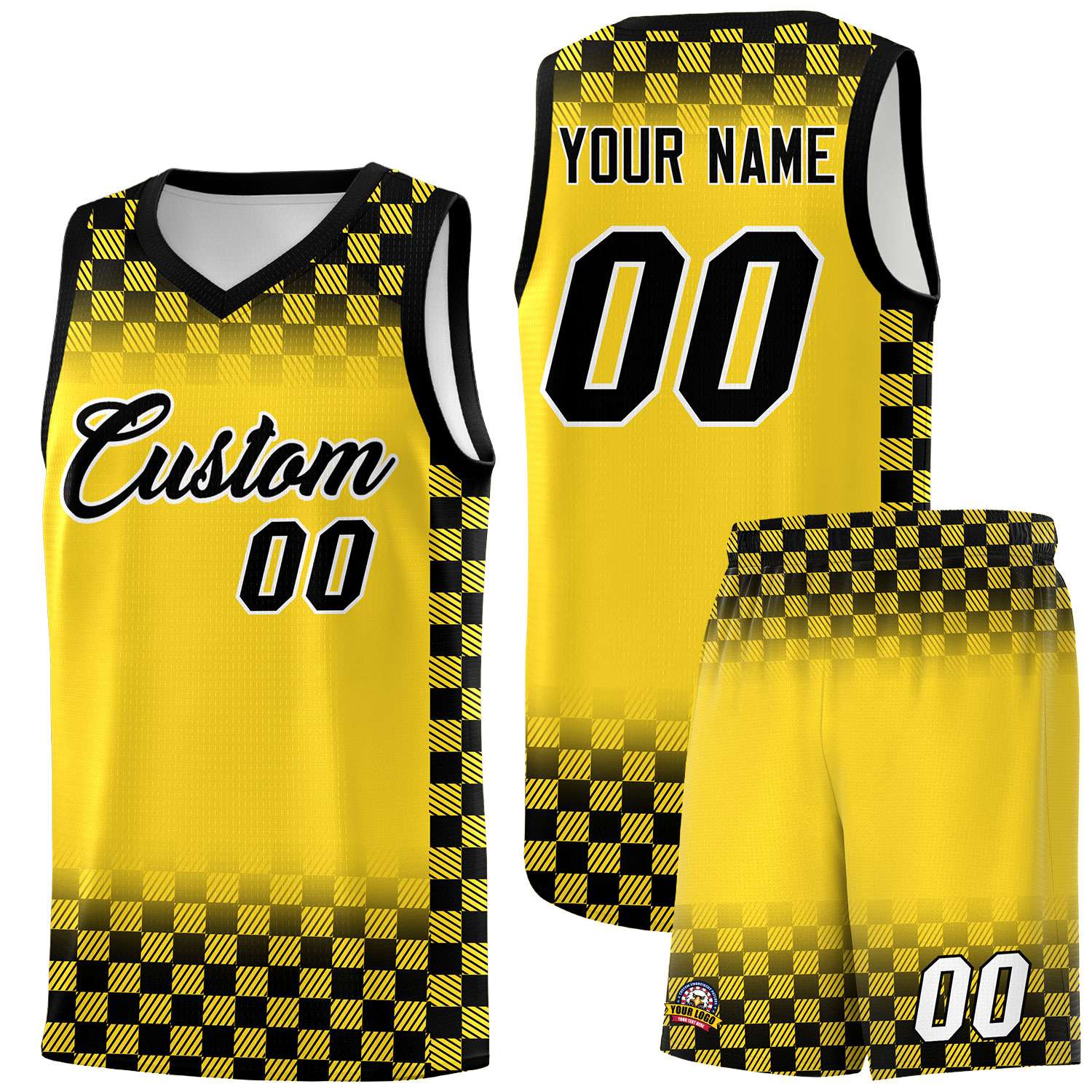 Custom Gold Black Classic Plaid Pattern Sports Uniform Basketball Jersey