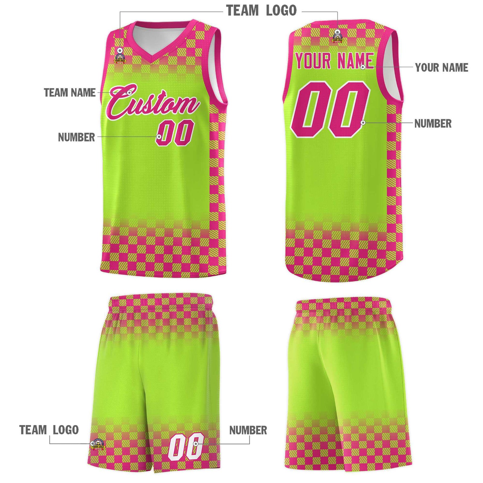 Custom Neon Green Pink Classic Plaid Pattern Sports Uniform Basketball Jersey