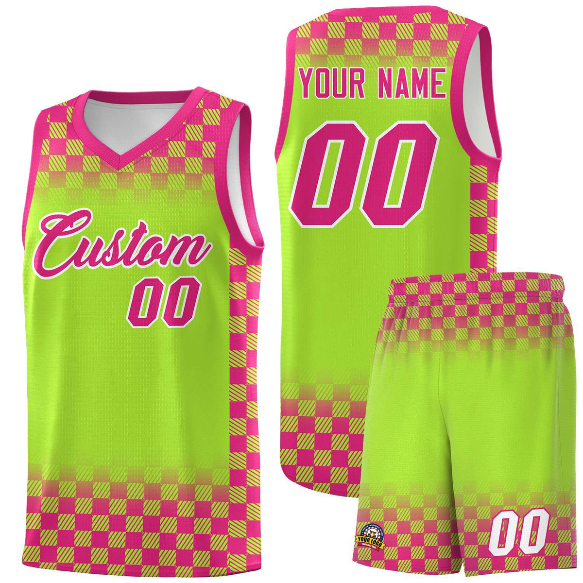 Custom Neon Green Pink Classic Plaid Pattern Sports Uniform Basketball Jersey