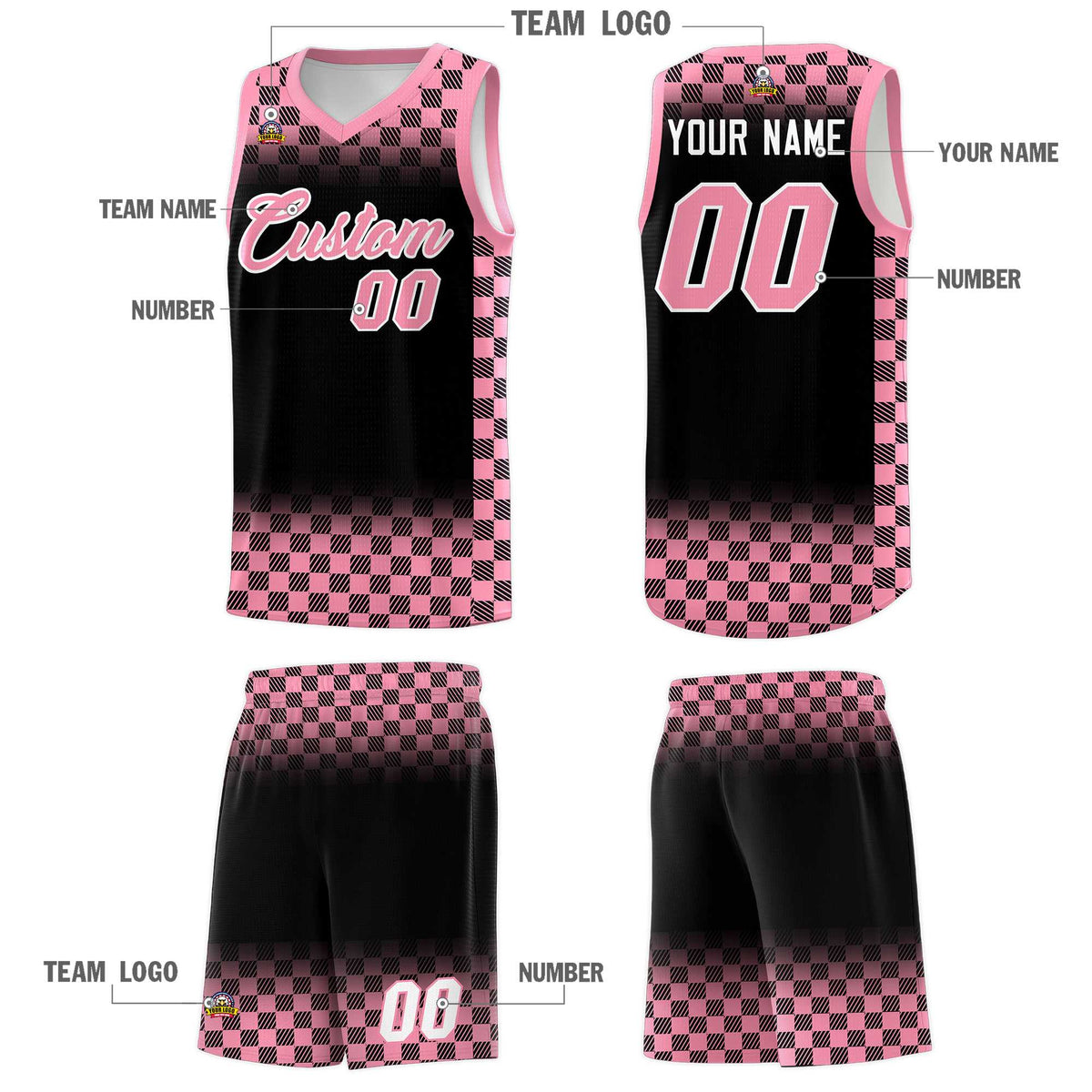 Custom Black Light Pink Classic Plaid Pattern Sports Uniform Basketball Jersey