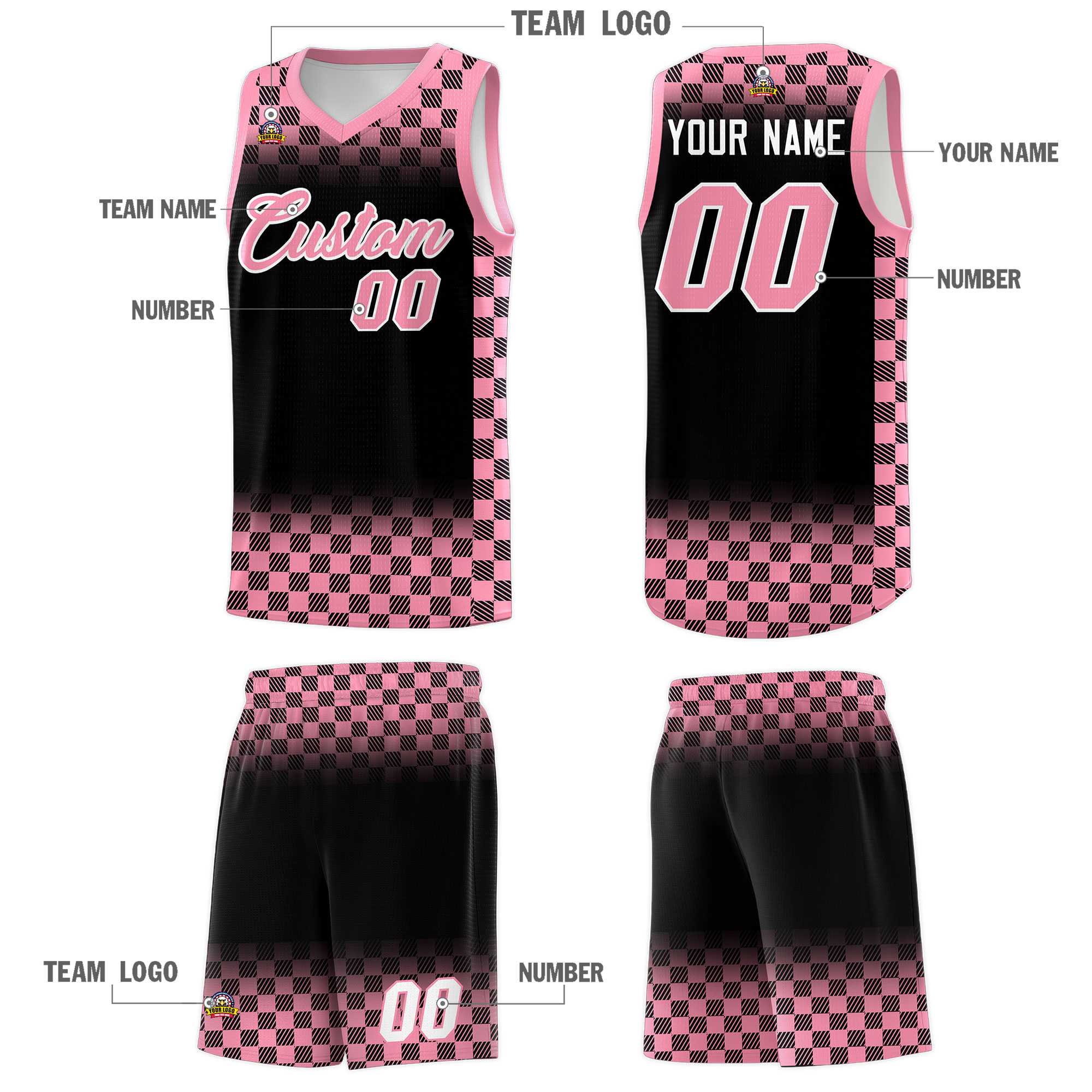 Custom Black Light Pink Classic Plaid Pattern Sports Uniform Basketball Jersey