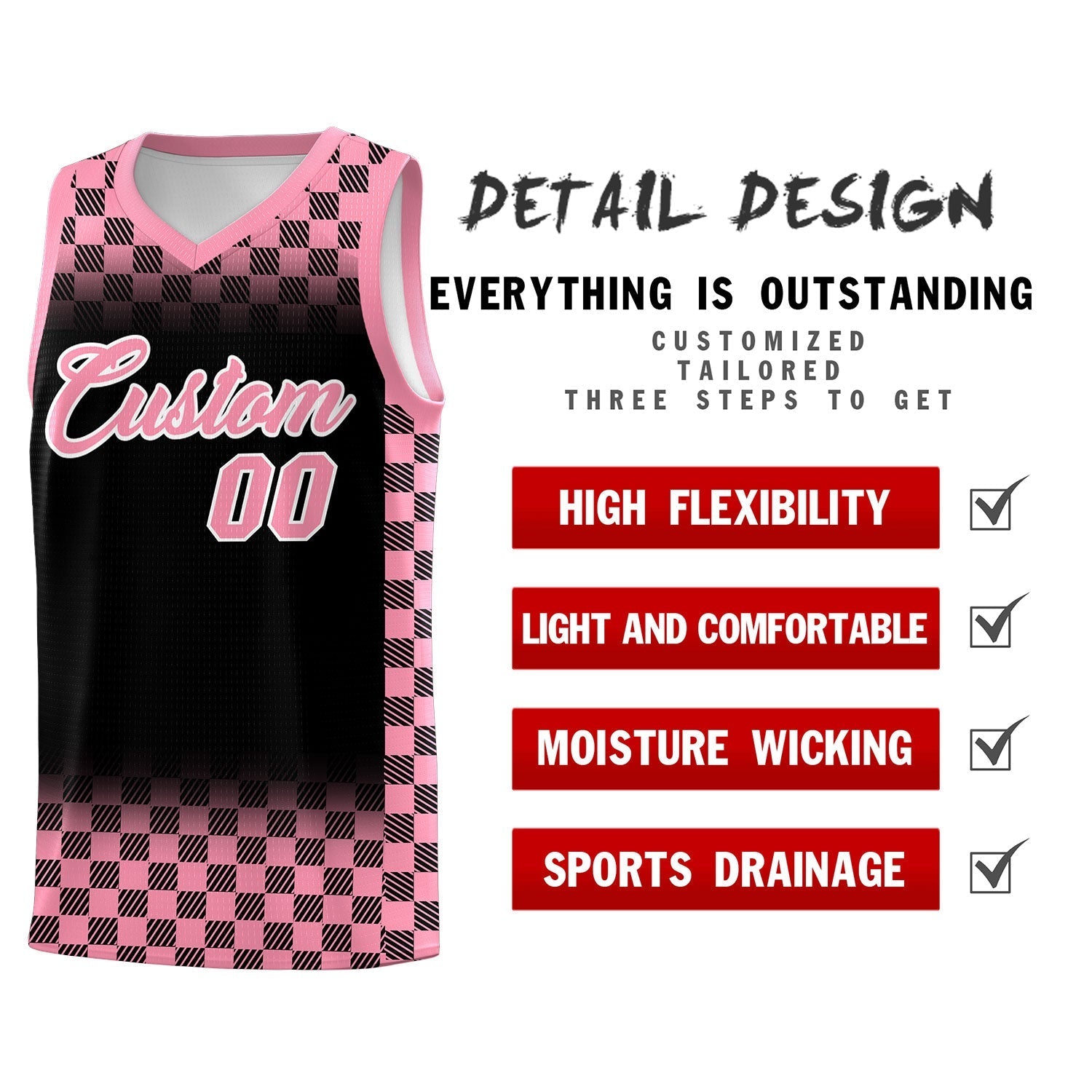 Custom Black Light Pink Classic Plaid Pattern Sports Uniform Basketball Jersey