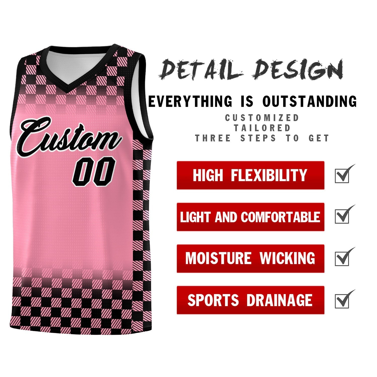 Custom Light Pink Black Classic Plaid Pattern Sports Uniform Basketball Jersey