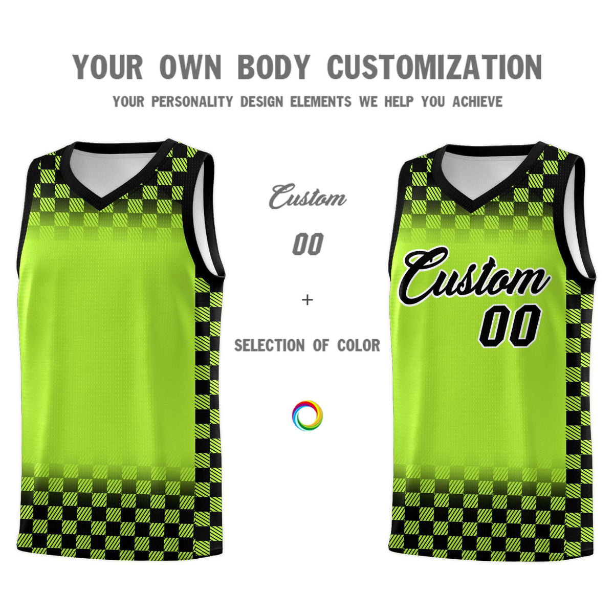 Custom Neon Green Black Classic Plaid Pattern Sports Uniform Basketball Jersey