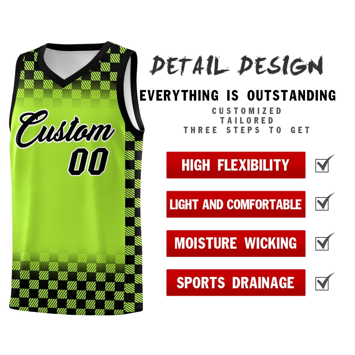 Custom Neon Green Black Classic Plaid Pattern Sports Uniform Basketball Jersey