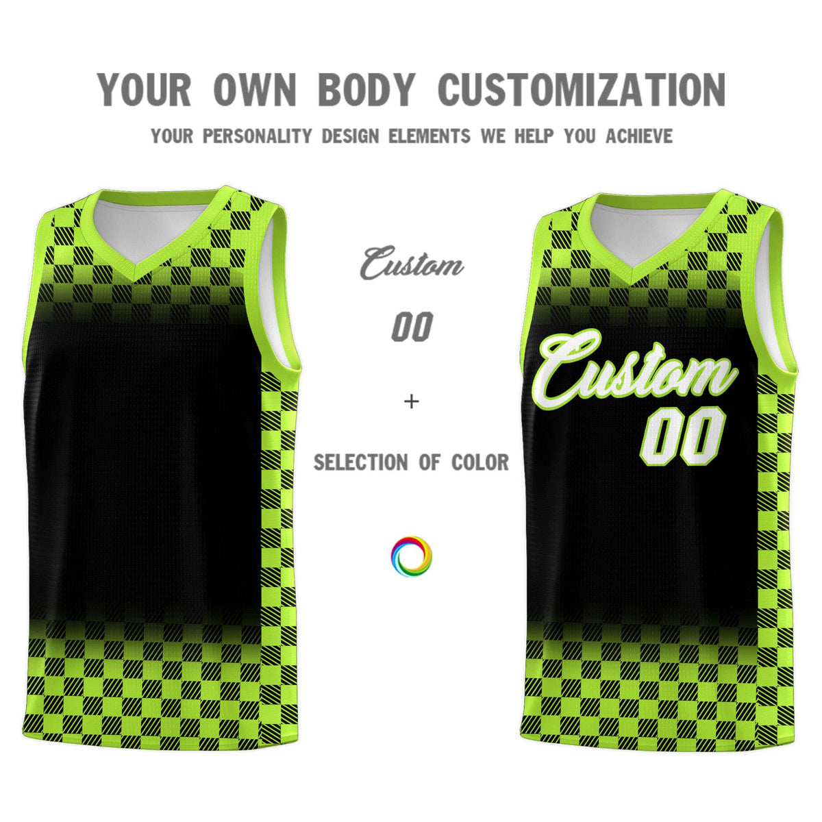 Custom Black Neon Green Classic Plaid Pattern Sports Uniform Basketball Jersey