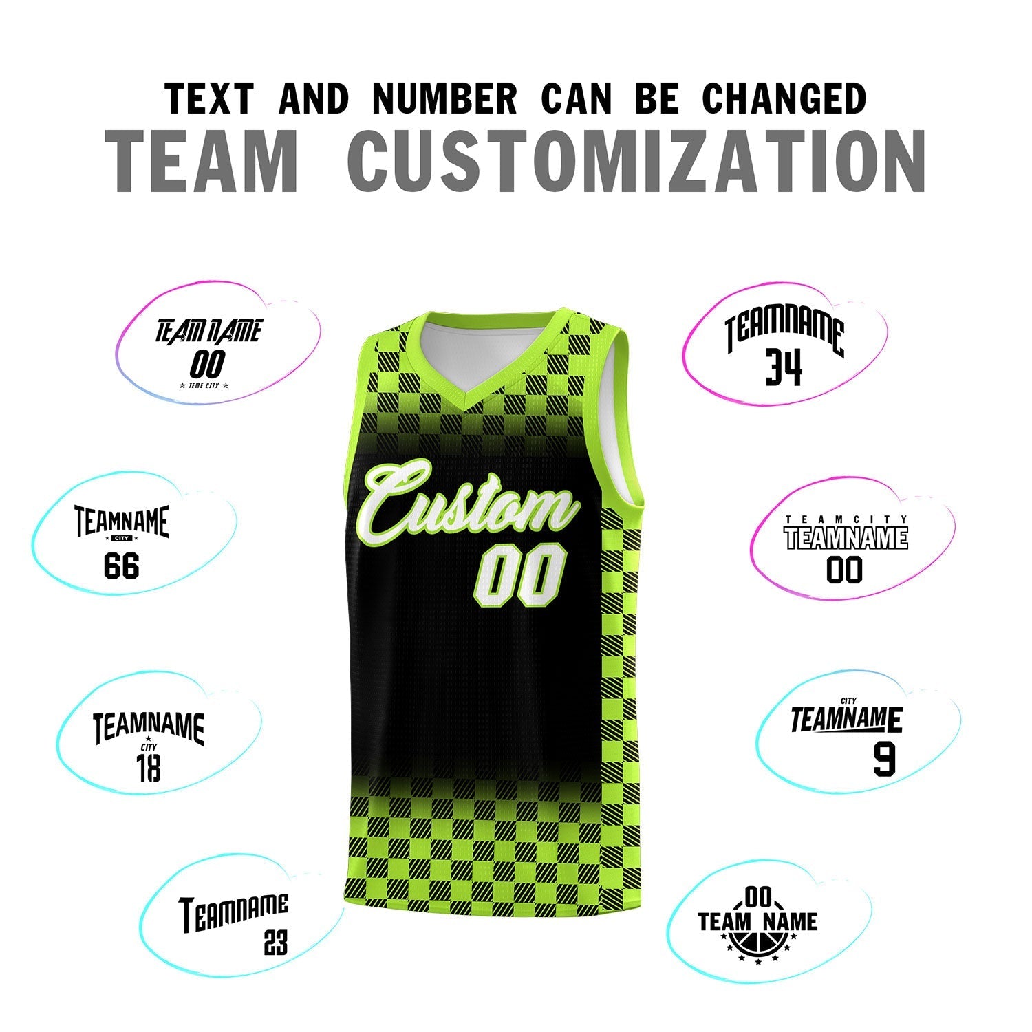 Custom Black Neon Green Classic Plaid Pattern Sports Uniform Basketball Jersey