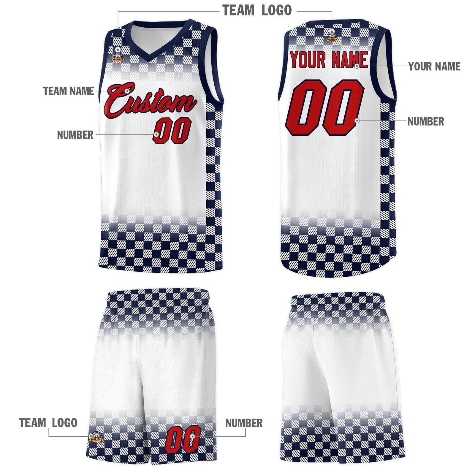 Custom White Navy Classic Plaid Pattern Sports Uniform Basketball Jersey
