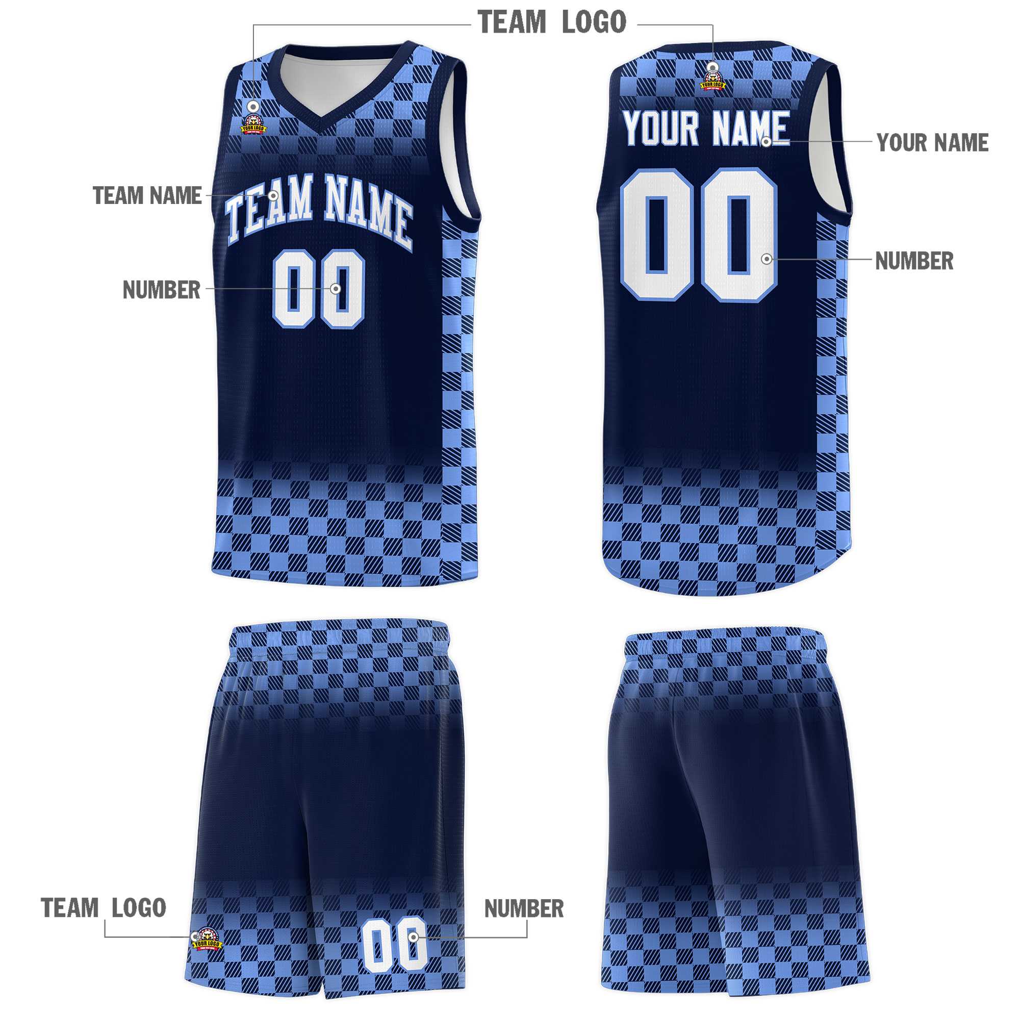 Custom Navy Light Blue Classic Plaid Pattern Sports Uniform Basketball Jersey