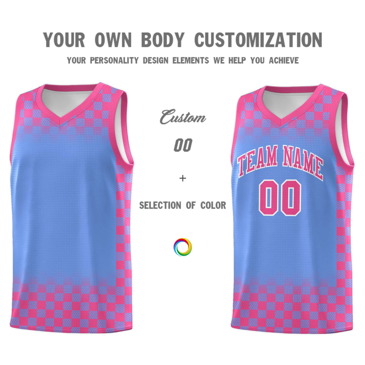 Custom Light Blue Pink Classic Plaid Pattern Sports Uniform Basketball Jersey
