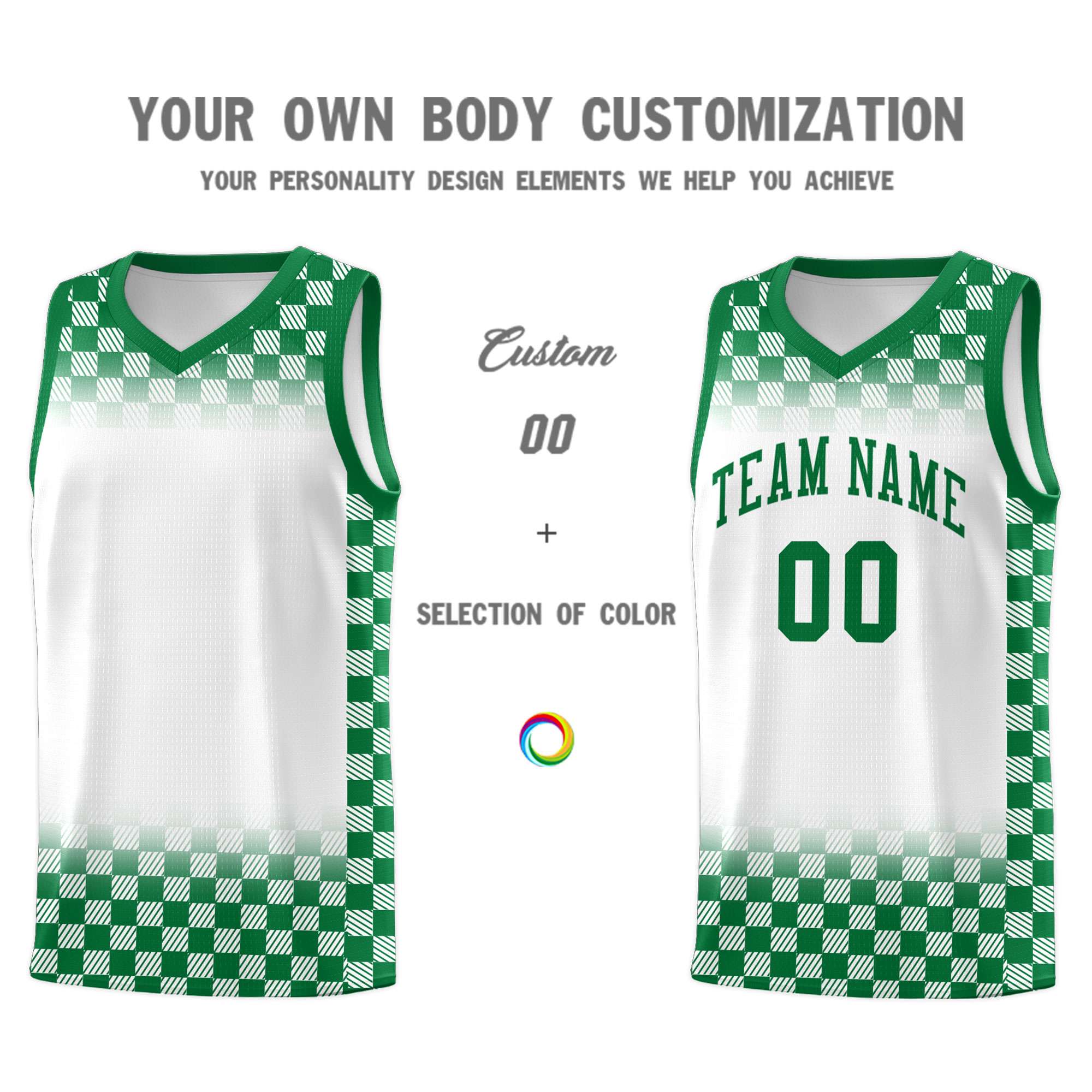Custom White Kelly Green Classic Plaid Pattern Sports Uniform Basketball Jersey