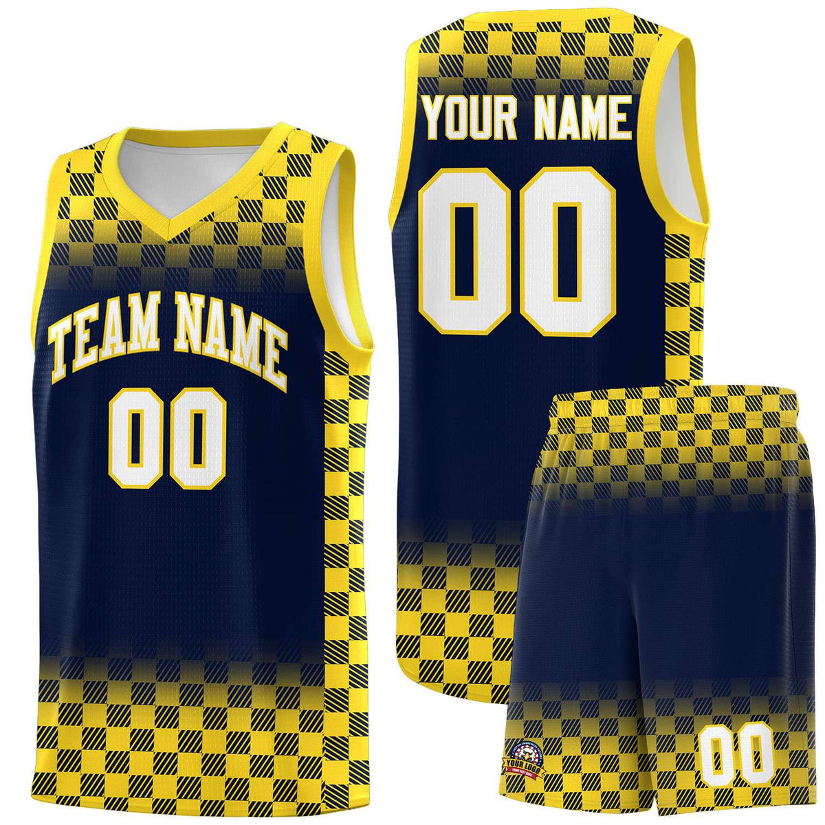 Custom Navy Gold Classic Plaid Pattern Sports Uniform Basketball Jersey